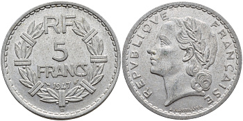 Франция 5 франков 1947 B, открытая 9, тип Лаврийе KM 888b.2, Le Franc 339.11 алюминий UNC 4526-513