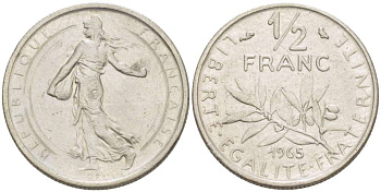 Франция 1/2 франка 1965 сеятель KM 931, Le Franc 198.3 никель 4519-827