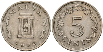 Мальта 5 центов 1976 Ритуальный алтарь в храме Хаджар-Ким KM 10 медно-никель 4156-222