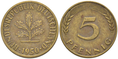 ФРГ 5 пфеннигов 1950 J KM 107, J. 382 сталь плакированная латунью 55-1253