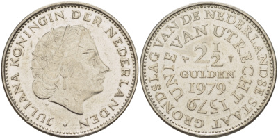 Нидерланды 2 1/2 гульдена 1979 400 лет Утрехтскому союзу, Юлиана (1949-1980) KM 197 никель 4683-542