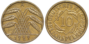 Германия 10 рейхспфеннигов 1929 A KM 40, J. 317 алюминиевая бронза 4604-713