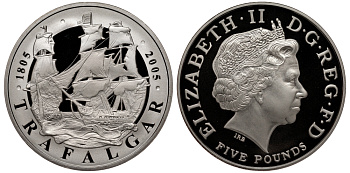 Великобритания 5 фунтов 2005 Елизавета II (1952-2022), 200 лет Трафальгарской битве, тираж 30000 экземпляров, в оригинальной коробке, с сертификатом KM 1053a, Spink L14 серебро  PROOF  4-2-22