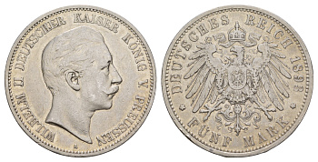 Пруссия 5 марок 1893 A, Вильгельм II (1888-1918) KM 523, J.104 серебро 1517-925