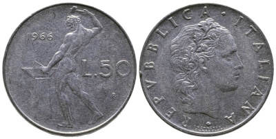 Италия 50 лир 1966 R, бог огня Вулкан у наковальни KM 95.1 нержавеющая сталь 85-114