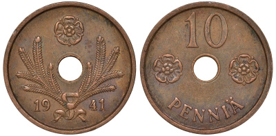 Финляндия 10 пенни 1941 KM 33.1 медь 51-3531