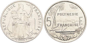 Французская Полинезия 5 франков 2000 KM 12 алюминий 4131-943