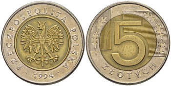 Польша 5 злотых 1994 MW KM 284 биметалл 93-337