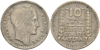 ФРАНЦИЯ 10 ФРАНКОВ 1947 TURIN, PETITE TETE, МАЛАЯ ГОЛОВА KM 909.1 медно-никель KM 909.1 медно-никель 4545-925