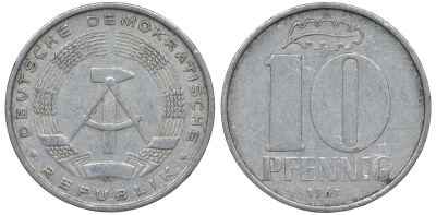 ГДР 10 ПФЕННИГОВ 1967 А алюминий 62-741