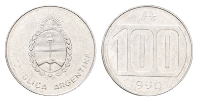 Аргентина 100 аустралей 1990 KM 103 алюминий aUNC 4664-212