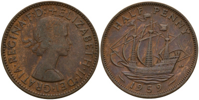 Великобритания 1/2 пенни 1959 Елизавета II (1952-2022) KM 896, Spink 4158 бронза 4159-753