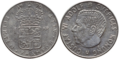 Швеция 1 крона 1970 Густав VI Адольф (1950-1973) KM 826a медь плакированная медно-никелем 4388-931