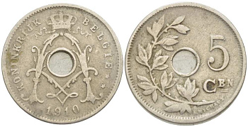 БЕЛЬГИЯ 5 САНТИМОВ 1910 BELGIE KM 67 медно-никель 3309-1259