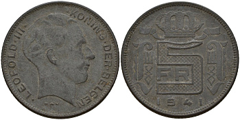 Бельгия 5 франков 1941 DES BELGEN, Леопольд III (1934-1947) KM 129 цинк 4161-932