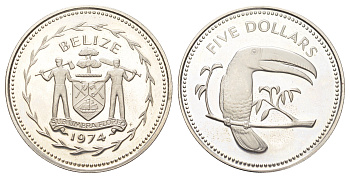 Белиз 5 долларов 1974 попугай Ара KM 44 медно-никель PROOF 11-167-24