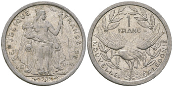 Французская Новая Каледония 1 франк 1985 птица кагу, (IEOM) KM 10, Schoen 10, Lec 47 алюминий 51-3313