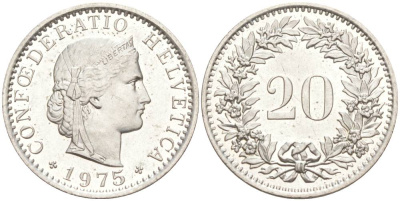 Швейцария 20 раппенов 1975 KM 29a медно-никель 55-937