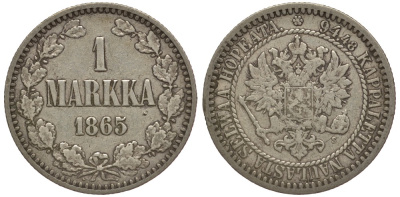 Россия для Финляндии 1 марка 1865 S, Александр II (1855-1881) KM 3.1, Биткин 625 серебро 633-1523
