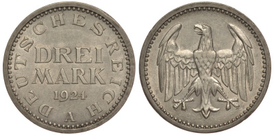 Германия 3 марки 1924 А, Веймарская Республика Weege 19, J. 312, KM 43 серебро 00-00