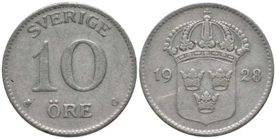 Швеция 10 эре 1928 G, Густав V (1907-1950) КМ 780 серебро 201-1068