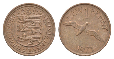 Гернси 1 новый пенни 1971 Елизавета II (1952-2022), северная олуша в полете KM 21 бронза 4702-743