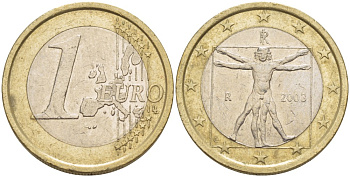Италия 1 евро 2003 Витрувианский человек KM 216 биметалл 216-1133