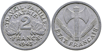 Франция 2 франка 1943 правительство Виши KM 904.1 алюминий 4384-1015