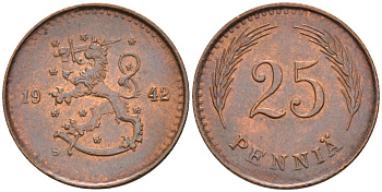 Финляндия 25 пенни 1942 республика (1918-1962) KM 25а медь 4588-1058