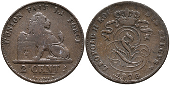 Бельгия 2 сантима 1876 Belges, Леопольд II (1865-1909) KM 35.1 медь 95-646