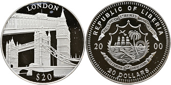 Либерия 20 долларов 2000 серия памятники архитектуры, Лондон KM 639 серебро PROOF 1066-11-33