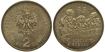 Польша 2 злотых 2010 MW, 65 лет освобождения концлагеря Аушвиц-Биркунау (Освенцим) KM 712 нордик UNC 4676-634