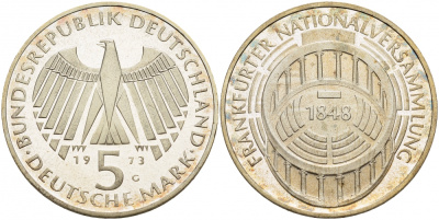 ФРГ 5 марок 1973 G, 125 лет Франкфуртскому парламенту J. 412, KM 137 серебро PROOF 1087-3-21
