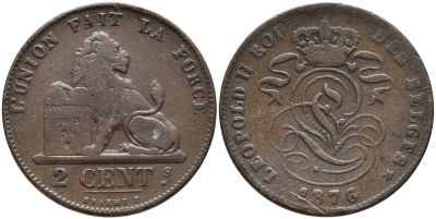 Бельгия 2 сантима 1876 Belges, Леопольд II (1865-1909) KM 35.1 медь 95-646
