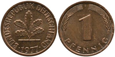 ФРГ 1 ПФЕННИГ 1977 F KM 105, J.380 сталь плакированная медью 96-1111