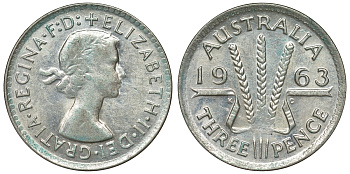 Австралия 3 пенса 1963 m, Елизавета II (1952-2022) KM 57 серебро 71-847