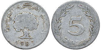 Тунис 5 миллимов 1983 дерево KM 282 алюминий 4163-1237
