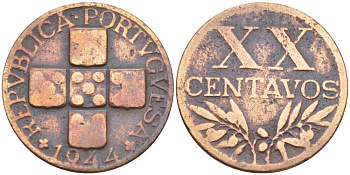 ПОРТУГАЛИЯ 20 СЕНТАВО 1944 KM 584 бронза 213-227