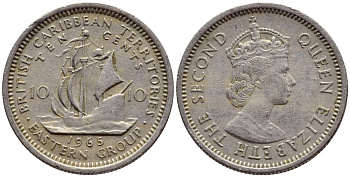 Британские Восточно-Карибские территории 10 центов 1965 Елизавета II (1952-2022), парусник KM 5 медно-никель 4392-868