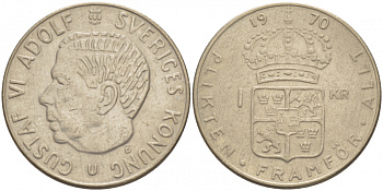 Швеция 1 крона 1970 Густав VI Адольф (1950-1973) KM 826a медь плакированная медно-никелем 213-857