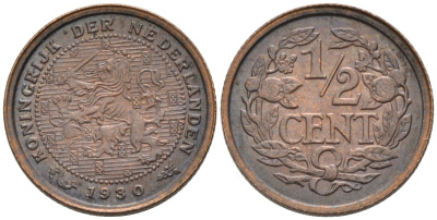 Нидерланды 1/2 цента 1930 Вильгельмина (1890-1948) KM 138 бронза 4576-442