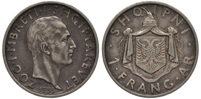 Албания 1 франга ари 1935 R, Ахмет Зогу I (1928-1939) KM 16 серебро 441-414
