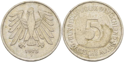 ФРГ 5 марок 1975 F, монетный двор Штутгарт КМ 140.1, J. 415 медно-никель плакированный никелем 215-812