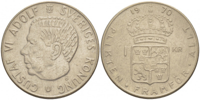 Швеция 1 крона 1970 Густав VI Адольф (1950-1973) KM 826a медь плакированная медно-никелем 213-857