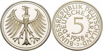 ФРГ 5 марок 1958 J, официальная копия редкой монеты (2006 года) серебро PROOF 06-255-42