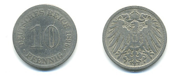 ГЕРМАНИЯ 10 ПФЕННИГОВ 1896 D KM 12, J. 13 медно-никель 4379-823