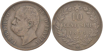 Италия 10 чентезимо 1894 B/I, Умберто I (1878-1900) KM 27.1 медь 4526-1014