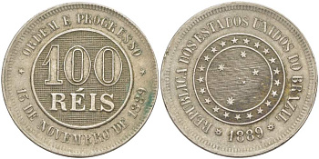 БРАЗИЛИЯ 100 РЕЙС 1889 РЕСПУБЛИКА KM 483 медно-никель 4529-534
