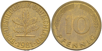 ФРГ 10 ПФЕННИГОВ 1981 F KM 108, J. 383 сталь плакированная латунью 4182-924