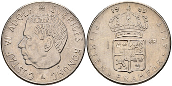 Швеция 1 крона 1969 Густав VI Адольф (1950-1973) KM 826а медь плакированная медно-никелем 4582-441